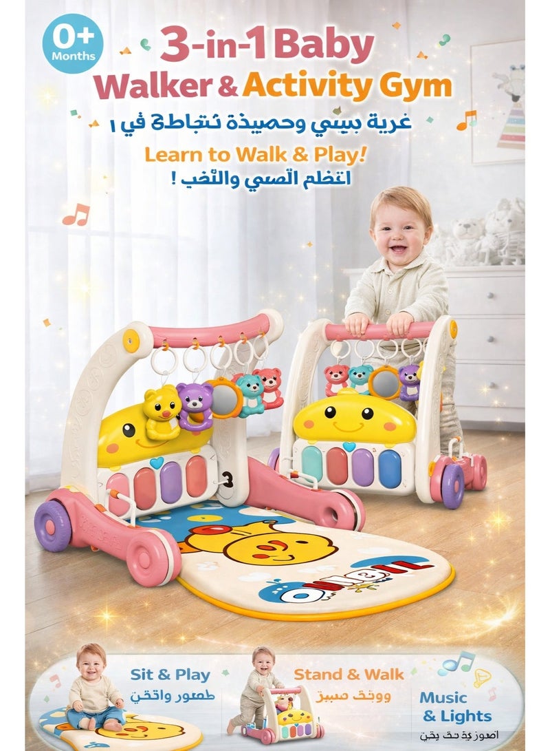 Bibi-inn 3-in-1 Baby Activity Gym & Kick Piano Walker (Pink Duck) – Play Mat, Push Walker, Light-Up Musical Piano with Hanging Toys - Image 1